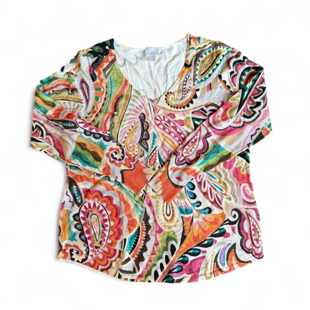 Chico’s Vibrant Orchid & Paisley V-Neck Knit Sweater Size Small